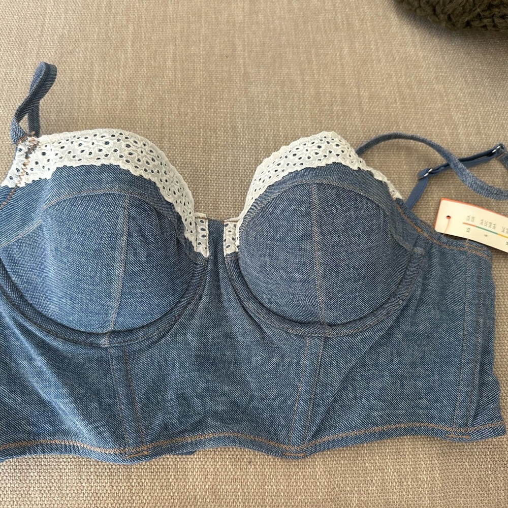 Colsie Denim Blue Bra with White Lace